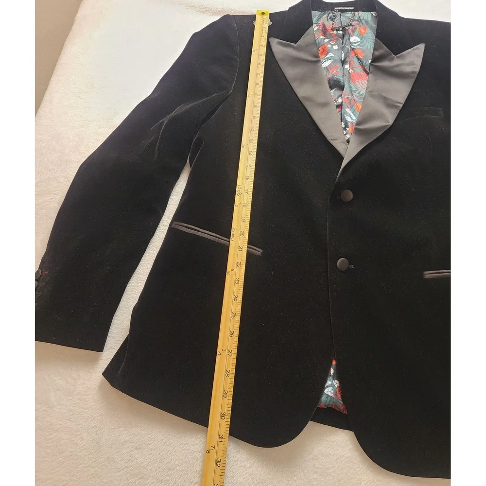 Lindbergh Black Velvet Tuxedo‎ Blazer Floral Lining Peak Men's Formal Jacket